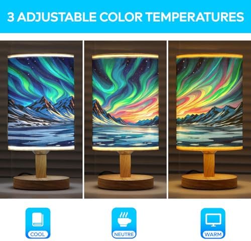 Aurora Night in The Polar Region Table Lamp LED 3-Color Pressed Bedside, Aurora Night in The Polar Region Shade Lamp with Wood Base for Bedroom Living Room Desk Office TL01