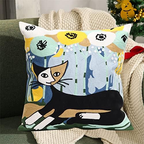 1 Pcs Embroidered Decorative Throw Pillows Covers for Sofa Decor Cushion Cases 18 x 18 Inch (Sunny Cat)