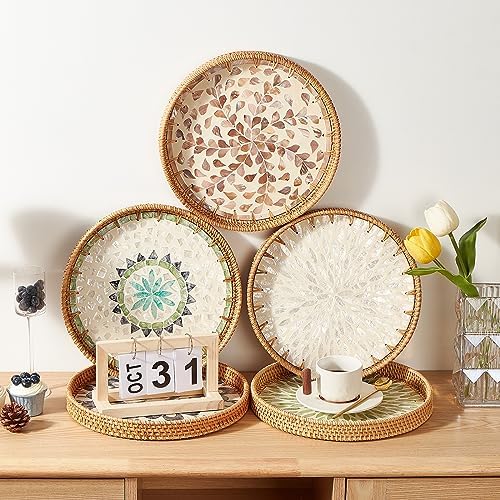 Kmelep Round Rattan Tray with Mother of Pearl Inlay, Rattan Serving Tray with Wooden Base, Decorative Wicker Basket for Table Decor, Storage and Display of Coffee Bread Food Fruit (Wicker)