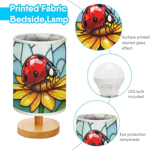Ladybug Flower Table Lamp LED 3-Color Pressed Bedside, Ladybug Flower Shade Lamp with Wood Base for Bedroom Living Room Desk Office TL01
