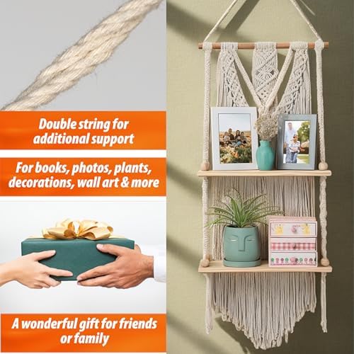 Macrame Wall Hanging Shelf - Boho Shelves Bedroom Decor | Macrame Wall Decor for Kitchen, Plant Hanger Shelves, Woven Rope Floating Shelves & Home Storage Organizer - 2 Tier
