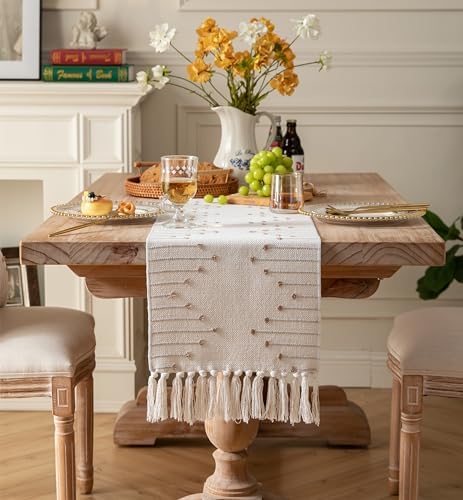 Boho Table Runner 13 x 108 Inch Long Natural Cotton Woven Runner with Tassels for Home Dining Table décor, for Modern Farmhouse Decor Coffee Table Runner, Taupe and Beige