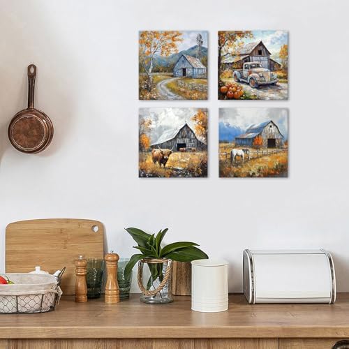 Highland Cow Wall Art Country Barn Wall Decor for Kitchen Rustic Windmill Truck Canvas Pictures Farmhouse Landscape Painting Farm Animals Horse Artwork Dining Living Room Home Decoration 12x12" 4Pcs
