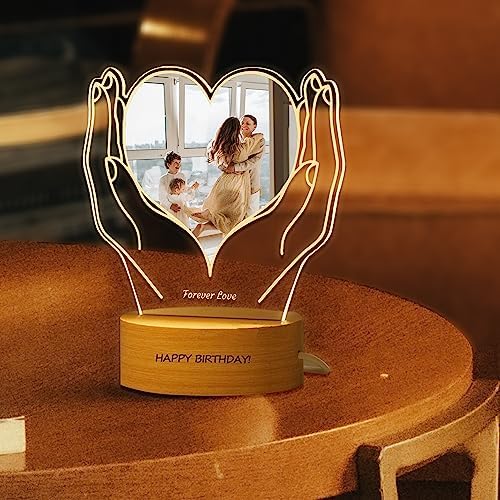 FolHaoth Personalized Photo Acrylic Sign Plaque Gifts for Anniversary Valentines Birthday Customizable LED Night Light Wooden Base Lamps Desk Bedroom Decor Signs