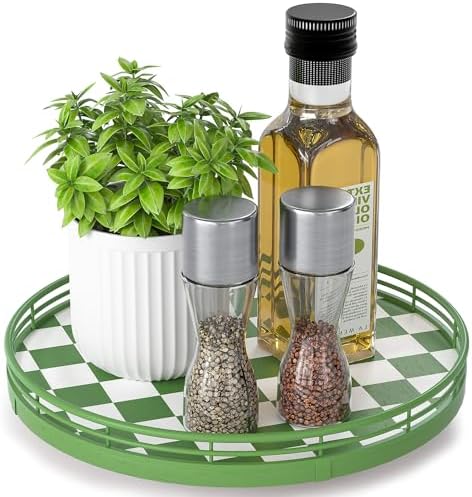 Green and White Checkerboard Lazy Susan with Rubberwood Base and Metal Rail