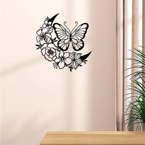ruelen Metal Butterfly Wall Art Wall Decor,Boho Moon Butterfly Home Decor | Wall Hanging Butterflies Decor, Flower Wall Art for Home Bedroom Living Room Bathroom Garden Yard Fence
