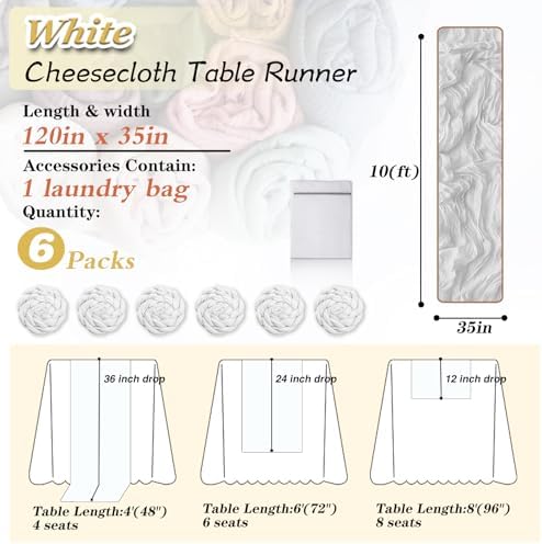 White Cheesecloth Table Runner 6 Pack 35" Boho Gauze Runner 120 inches Long Runner Rustic Sheer Fabric Bulk for Baby Shower Wedding Bridal Birthday Party Table Decorations