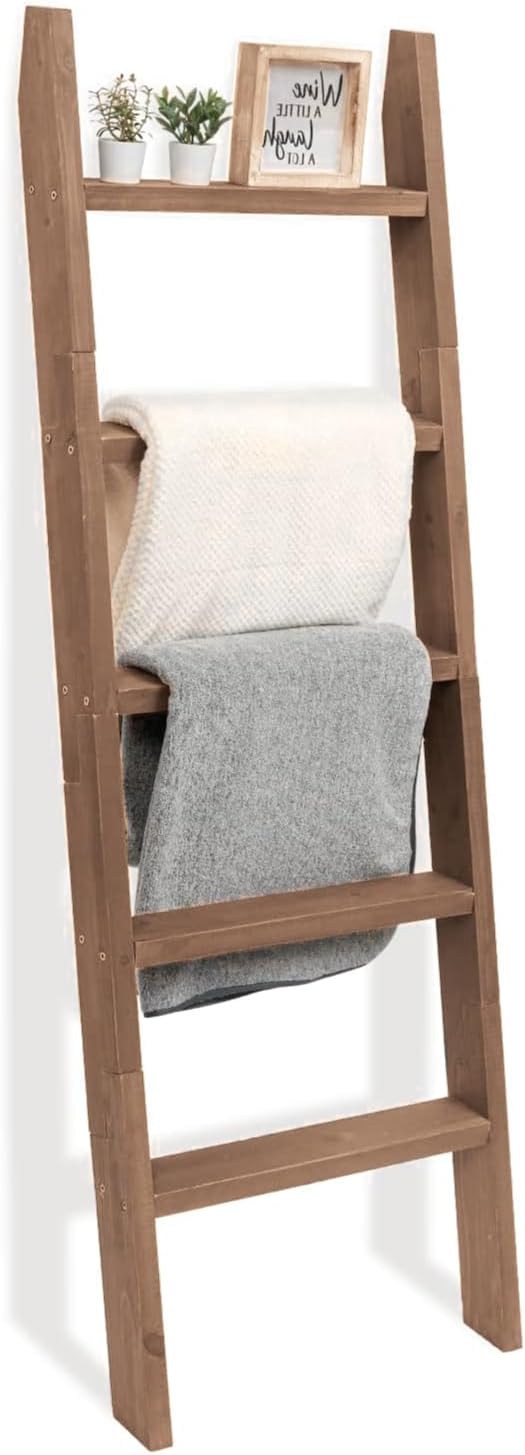 FUIN Blanket Ladder, 5ft Rectangle Rung Rustic Solid Wood Decor Rack, Brown | 5 rungs, farmhouse quilt display holder, showcase picture frames or plants, leaning wall, bathroom and living room use