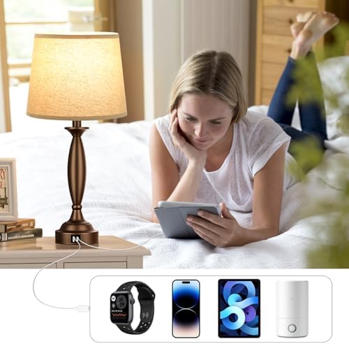 Bedroom Lamps for Nightstand, 3 Way Dimmable Brown Bedside Lamps with USB