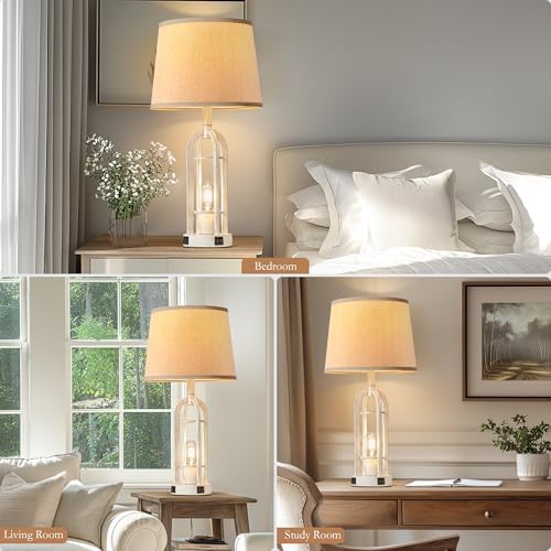SRJJA Farmhouse Table Lamps for Living Room Set of 2 - Rustic Industrial Bedside Lamps for Bedroom Nightstand with Nightlight and USB A+C, 4 Bulbs Included