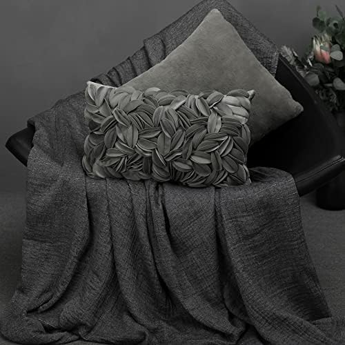 KINGROSE Handmade 3D Flower Pillow Cover, Velvet, 12 x 20 Inches, Grey