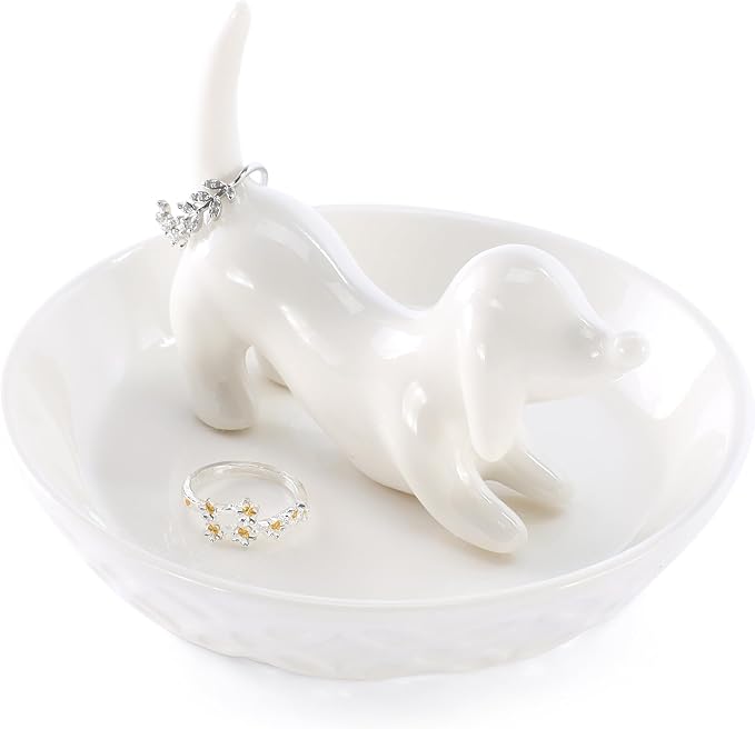 HOME SMILE Dog Ring Holder,Ceramic White Jewelry Tray Holder,Dog Mom Gifts for Women Christmas Valentines Mothers Day