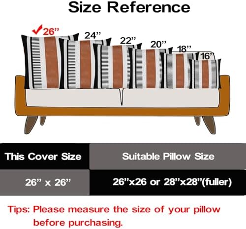 26x26 Boho Striped Pillow Cover with Faux Leather Accent, Black, 2 PC