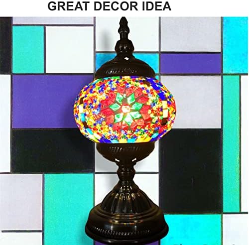 SILVERFEVER Handcrafted Mosaic Turkish Lamp Moroccan Glass Table Desk Bedside Light Bronze Base with E12 Bulb (Christmas Starburts)
