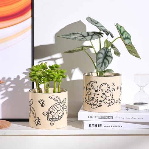 STHIE 5 Inch Ceramic Plant Pots for Indoor Plant with Drainage Hole, Octopu