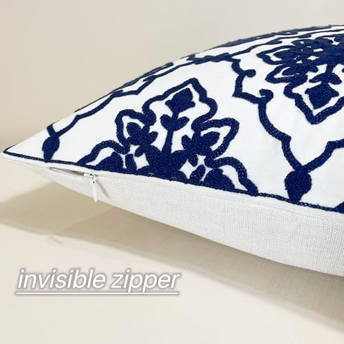 Slow Cow Pack of 2 Canvas Embroidery Decorative Cushion Covers Navy Blue Bohemian Flower Throw Pillow Covers 18 x18 inches