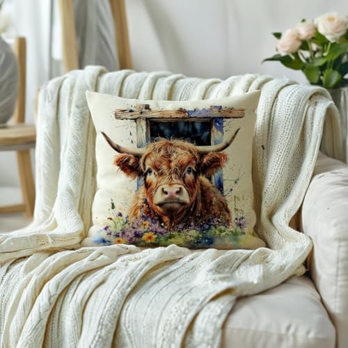 Highland Cow Decorative Throw Pillow Covers with Wildflowers 18x18 Inch Farmhouse Rustic Cushion Cover Western Cows Pillowcase 2Pack for Couch Sofa (Blue)