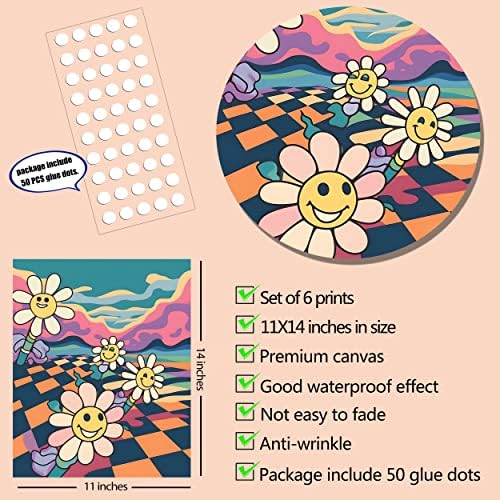 Hippie Wall Art Retro Wall Decor Prints Set of 6 Hippie Flower Canvas 60s 70s Vintage Posters Abstract Minimalist Inspirational Happy Face,Good day,Earth Day Photos Boho Positive Pictures for Living room Bedroom (D, 11"x14" UNFRAMED)