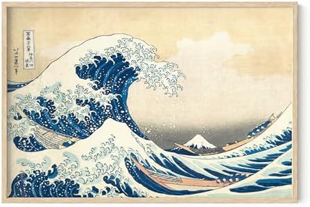 HAUS AND HUES Japanese Traditional Art - Hokusai Classic Kanagawa Wave Print, The Great Wave Poster Japanese Art Wall Decor, Japan Poster Wave Wall Art, Japandi Wall Art (Beige Frame, 24x36)