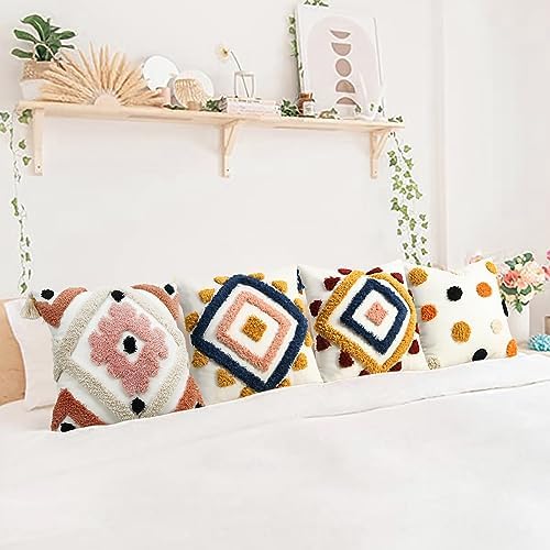 Merrycolor Boho Throw Pillow Covers 18x18 with Tassels Tufted Pink Throw Pillows Modern Farmhouse Decorative Pillows Cover for Bed Couch Sofa Bedroom,1PC
