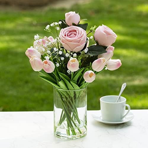 Enova Floral Clear Glass Cylinder Vase 5 x 8 Inches, Clear Flower Vases, Pillar Candle Hurricane Floating Candle Holder Vase, Glass Flower Vase for Wedding Centerpieces, Home Office décor (1 Piece)