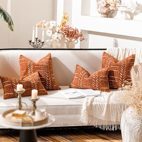 BlissBlush Decorative Throw Pillow Covers 18X18 Set of 2, Brick Red Terracotta Boho Farmhouse Cushion Cover, Cozy Soft Accent Pillowcase for Couch Sofa Bed Living Room Home Décor