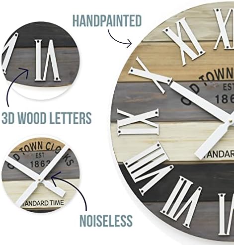 24" Wooden Multi-Color Maritime Coastal Beach Large Roman Wall Clock (Grey, 24 inch)