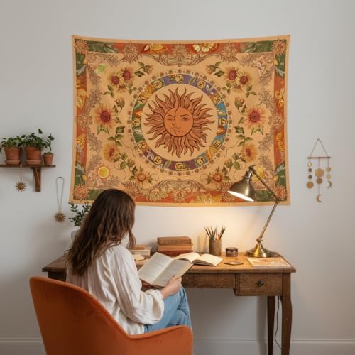 Accnicc Yellow Sun and Moon Tapestry Vintage Indie Boho Tapestry Wall Hanging with Sunflowers Butterfly Moth Constellation Aesthetic Wall Tapestries for Bedroom Dorm Living Room (Orange, 48'' × 36'')