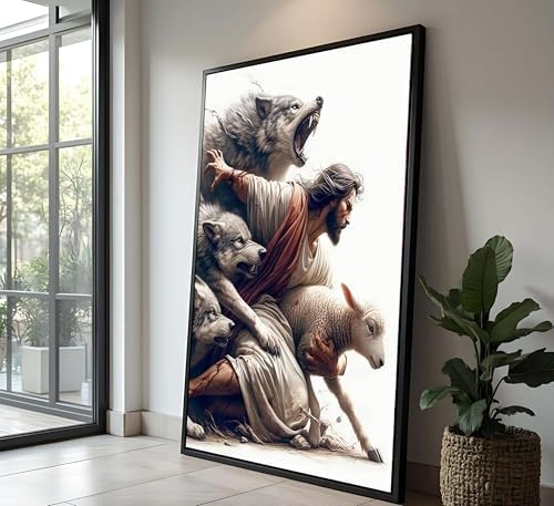 MALEDO Black Framed Jesus and Lamb Canvas Wall Art Jesus Saves the Lost Sheep Christian Picture Wall Decor Shepherd Protect a Lamb from Wolves Painting Poster Print Artwork for Living Room Church
