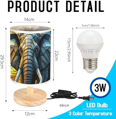 Elephant Table Lamp LED 3-Color Pressed Bedside, Elephant Shade Lamp with Wood Base for Bedroom Living Room Desk Office TL01