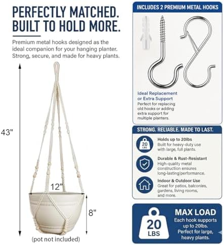 Bouqlife 43 Inches Macrame Plant Hanger Large for 12 inch Pot Extra Long No Tassel Cotton Rope Hanging Plant Holder with Ceiling Hook Bohemian Home Decor