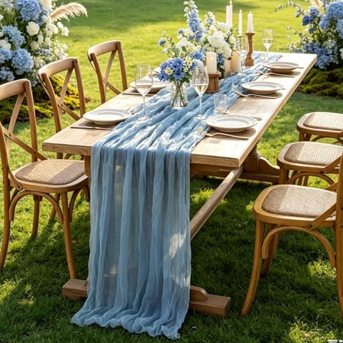 Dust Blue Cheesecloth Table Runner, 10FT Rustic Blue Boho Gauze Table Runner for Wedding Bridal Shower Baby Shower Birthday Tea Party Decorations