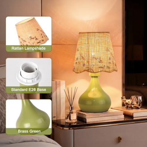 Ziqqeelam Green mall Bedside Cute Table Lamp for Bedroom, Table Lamps for Nightstand, Scalloped Rattan Shade Table Lamps for Small Spaces for Bedroom, Home Office, Living Room