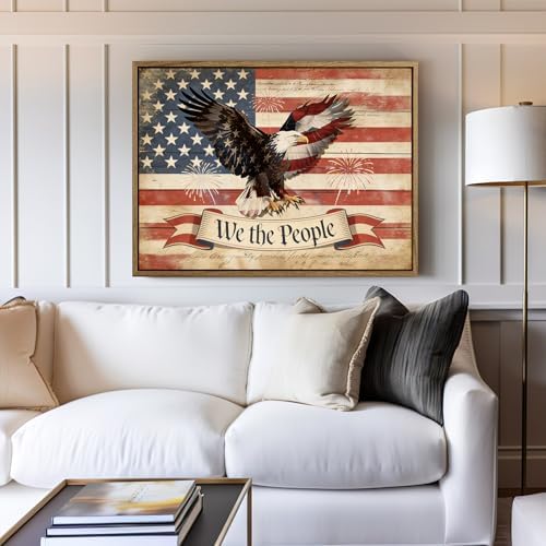 American Flag Framed Canvas Wall Art, 4th of July Patriotic Canvas Prints | USA Flag with Bald Eagle Poster Print, Vintage Independence Day Wall Decor for Bedroom Living Room 12×16in
