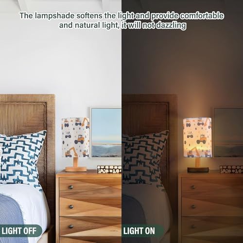Construction Car Truck Excavator Pattern Table Lamp with Wood Base Fabric Lamp Shade Bedside Nightstand Desk Lamp for Living Room Bedroom Kids Room Office
