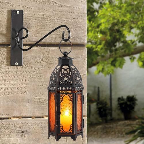 NEEDOMO Set of 2 Moroccan Lanterns Decorative Indoor & Outdoor, Hanging Candle Lantern, 11'' Vintage Candle Holder, Metal Lanterns Decorative, Table, Patio, Porch, Shelf, Gothic Home Decor (Amber)