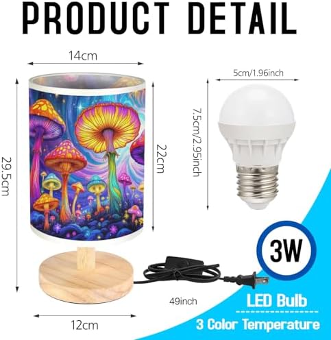 Psychedelic Mushrooms Table Lamp LED 3-Color Pressed Bedside, Psychedelic Mushrooms Shade Lamp with Wood Base for Bedroom Living Room Desk Office TL01