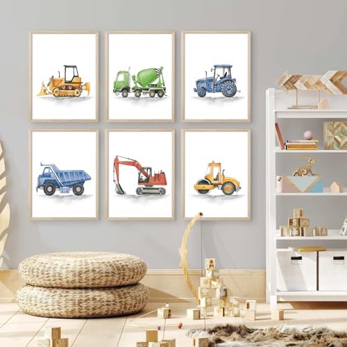 Boys Truck Wall Art Set of 6 Truck Vehicle Canvas Wall Decor Toddler Construction Wall Art Watercolor Playroom Kids Pictures Prints Nursery Artwork for Room Bedroom 12x16 Inch Wood Framed