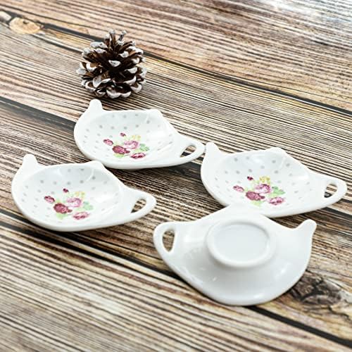 White Porcelain Ceramic Set with Flower Trim Teapot-Shaped Tea Bag Holder Tea Bag Coasters, Spoon Rests; Classic Tea Saucer Seasoning Dish Set (XQX)