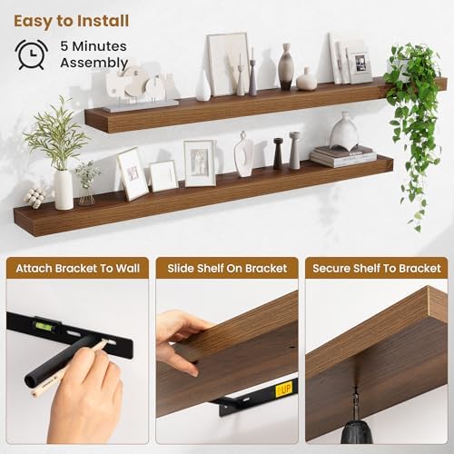 Fun Memories 67 Inch Fireplace Mantel Set of 2, Long Floating Shelf for Bedroom|Living Room, Wall Mounted Farmhouse Display with Invisible Heavy Duty Metal Bracket, Walnut