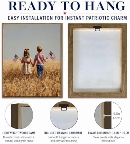 American Flag Framed Canvas Wall Art, 4th of July Patriotic Canvas Prints | Boy Holding USA Flag Poster Print, Modern Independence Day Wall Decor for Living Room Kids Room Dining Room Office 6×8in