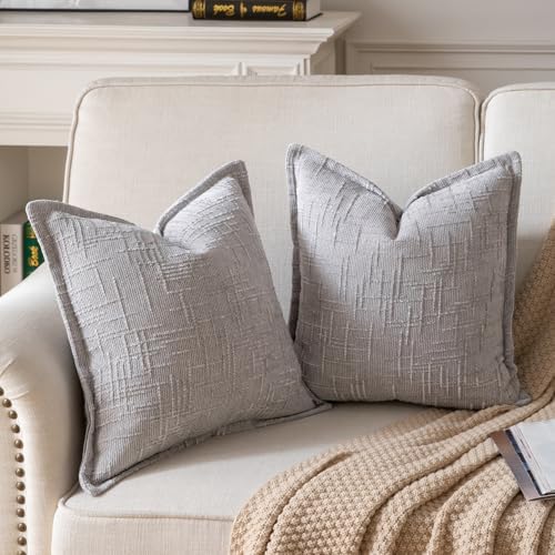 Yaertun Chenille Throw Pillow Covers 20x20 Inch Set of 2 Textured Broadside Soft Cozy Velvet Pillow Covers Modern Farmhouse Boho Decorative Pillow Cases for Couch Bed Sofa Livingroom Light Gray