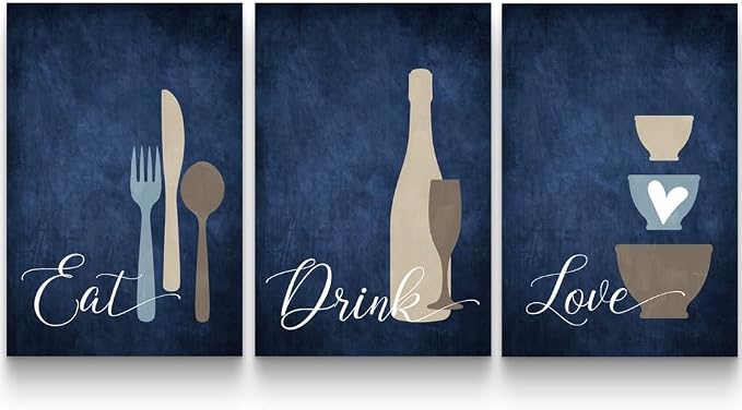 GUBIYU Premium Navy Blue Wall Art Set of 3, Large Dining Room Kitchen Signs - Eat Drink Love Wall Art for Home, Living Room, Bar or Cafe - 16"x24" Each