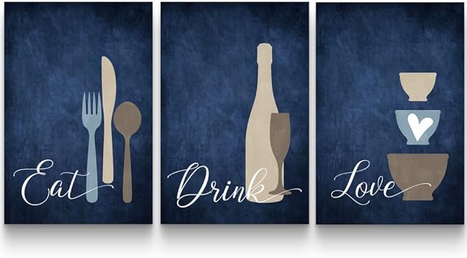 GUBIYU Kitchen Wall Art Set of 3, Navy Blue Wall Art, Rustic Farmhouse Decor, Eat Drink Love Sign, 24"x36"