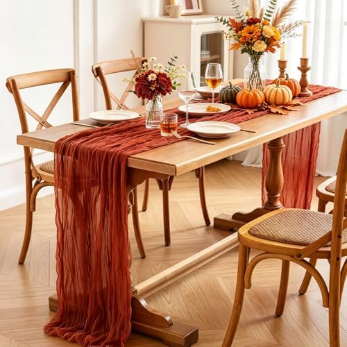 Fall Table Runner, 10FT Thanksgiving Terracotta Cheesecloth Table Runner 35*120inch Burnt Orange Decor for Autumn Fall Wedding Baby Shower Friendsgiving Thanksgivig Home Kitchen Table Decorations