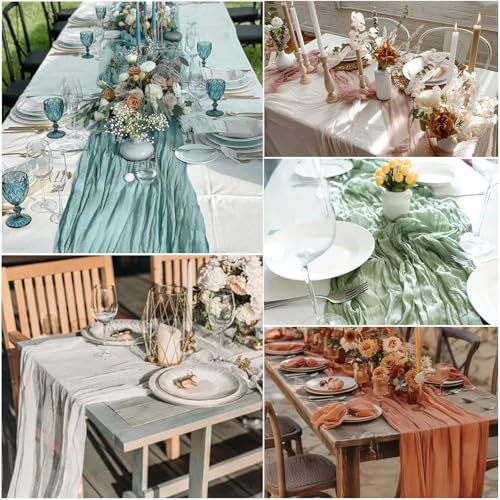24 Pack Dusty Blue Cheesecloth Table Runner 22x120 Inch-Naturally Dyed Colors Sheer Gauze Cheese Cloth Wedding Table Runner,Rustic Boho Crinkle Fabric, Reception, Bridal Shower,Farmhouse Dining Decor