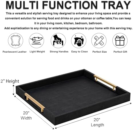 Black Faux Leather Decorative Serving Tray with Handles – Large Square for Coffee Table, Ottoman, Living Room & Bathroom Home Decor
