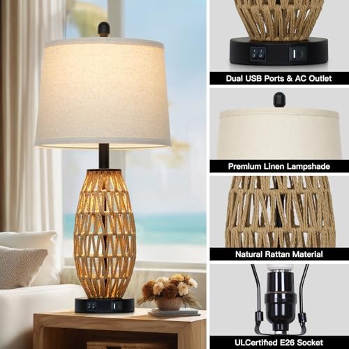 CINSARY 27" Rattan Table Lamps Set of 2, Boho Bedside Lamp for Bedroom with Night Light, Coastal Woven Wicker Nightstand Lamps with USB A+C Charging Port, Tall Farmhouse Living Room Lamp