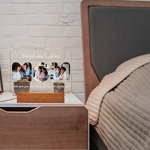 Personalized Photo Acrylic Sign Plaque Womens Gifts for Anniversary Valentines Birthday Customizable LED Night Light Wooden Base Lamps Desk Bedroom Decor Signs