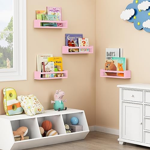 Forbena Pink Nursery Floating Shelves for Wall, Small Kids Wall Bookshelf for Baby Toddler Girls Room, Wood Nursery Hanging Book Shelves for Childrens Bedroom Toys Storage Organizer (Set of 4, Pink)